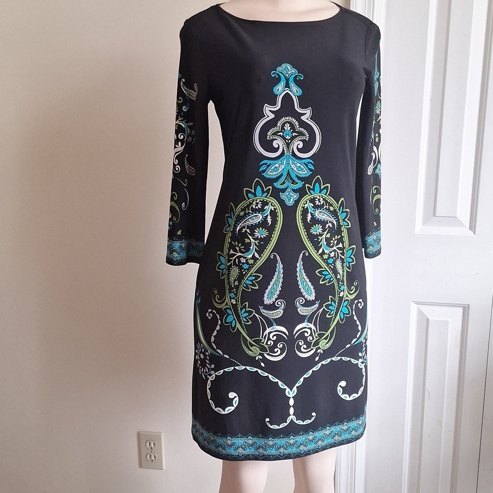 London Times Paisley Print Shift Dress Size 4 Black Teal Green